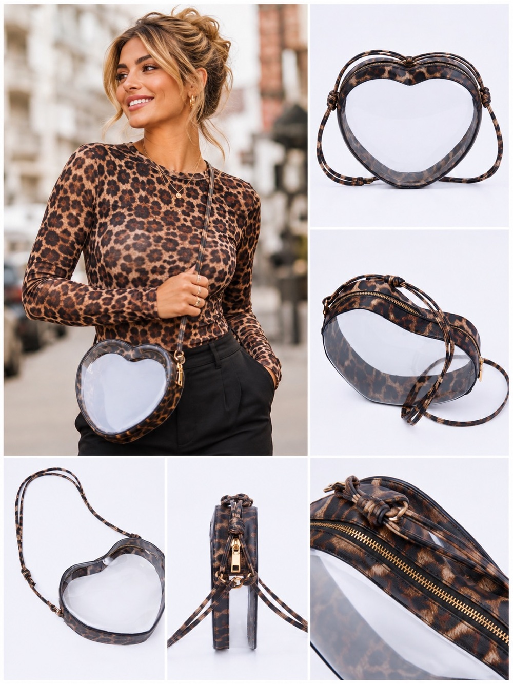New Pink Lily Leopard Print Heart Crossbody Bag - Clear Accent